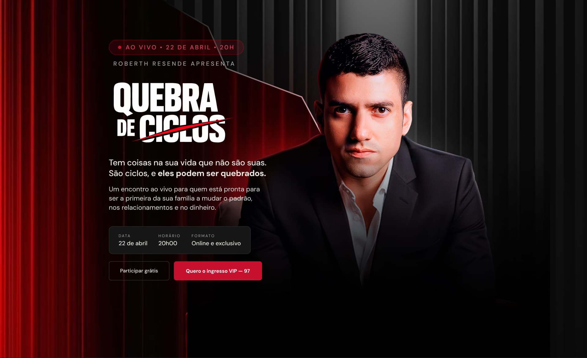 Landing page do evento ao vivo Quebra de Ciclos